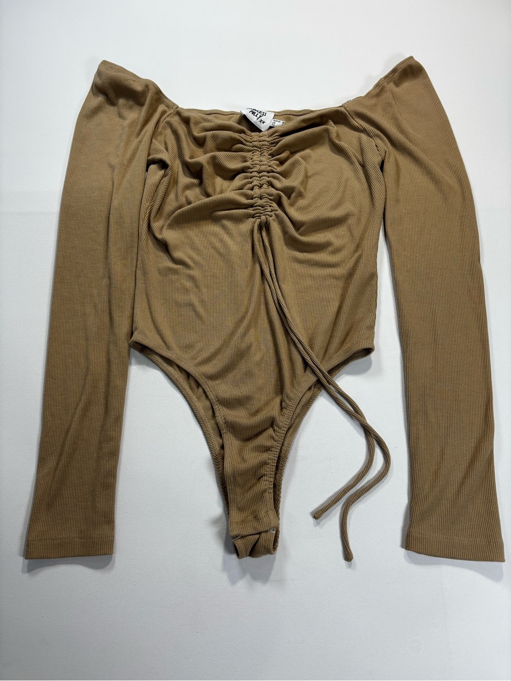 Princess Polly Ruched Tie-Front Bodysuit in Camel